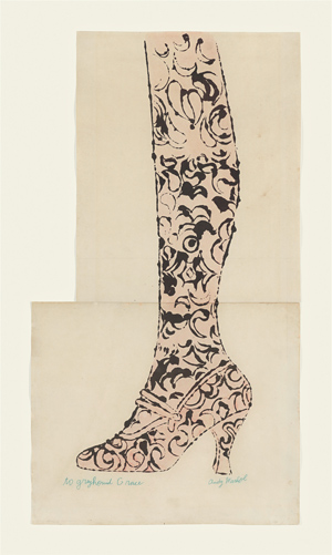 All about Shoes: Andy Warhol, Schuh und Bein (To Greyhound Grace), um 1955 © The Andy Warhol Foundation for the Visual Arts, Inc./ARS New York, Foto: Anne Gold, Aachen