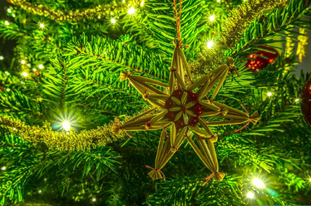 Nahaufnahme eines Weihnachtsbaums mit Deko und einer LED-Lichterkette im Hintergrund Foto: pixabay/distelAPPArath