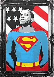 „Superman Obama“. Plakat aus dem Jahr 2008, das der New Yorker Streetart-Künstler „Mr. Brainwash“ entwarf. Repro: Martin Holtappels, LWL
