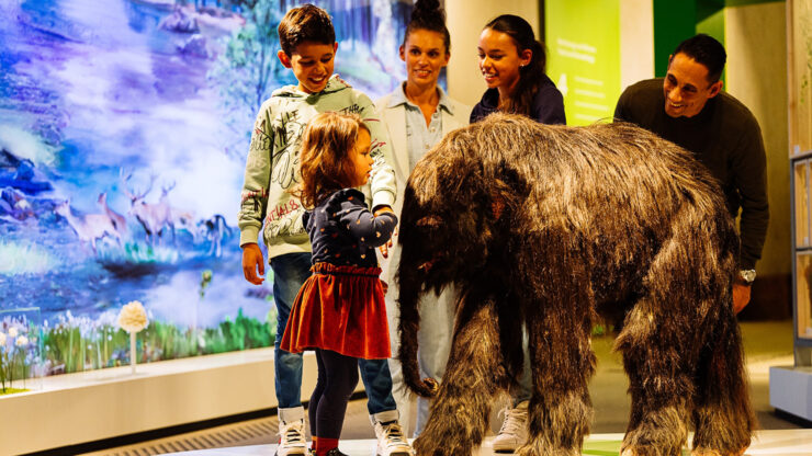 Im Museum bestaunt eine Familie ein Mammut Bild: Neanderthal Museum